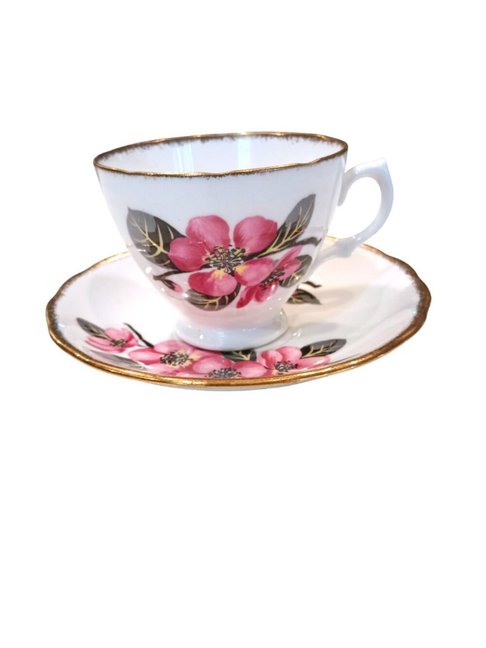 ANTIQUE ROYAL MALVERN CUP & SAUCER RED & BLACK FLOWER ENGLAND BONE CHINA GOLD TR
